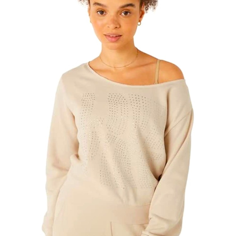 COPY - COPY - Off shoulder sweatshirt pink XL. Sparkle studded says love pink